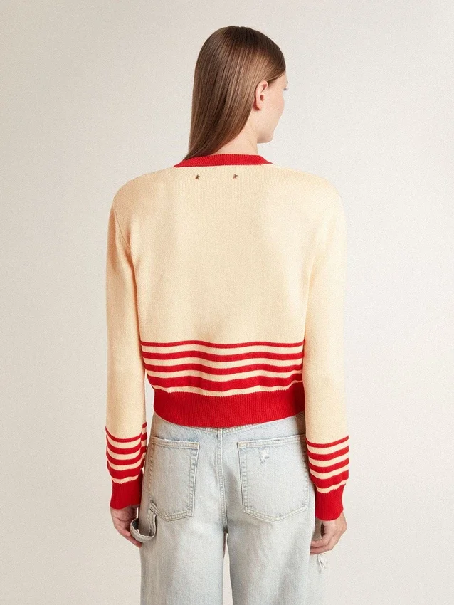 Cardigan de mujer en color crema con rayas rojas
