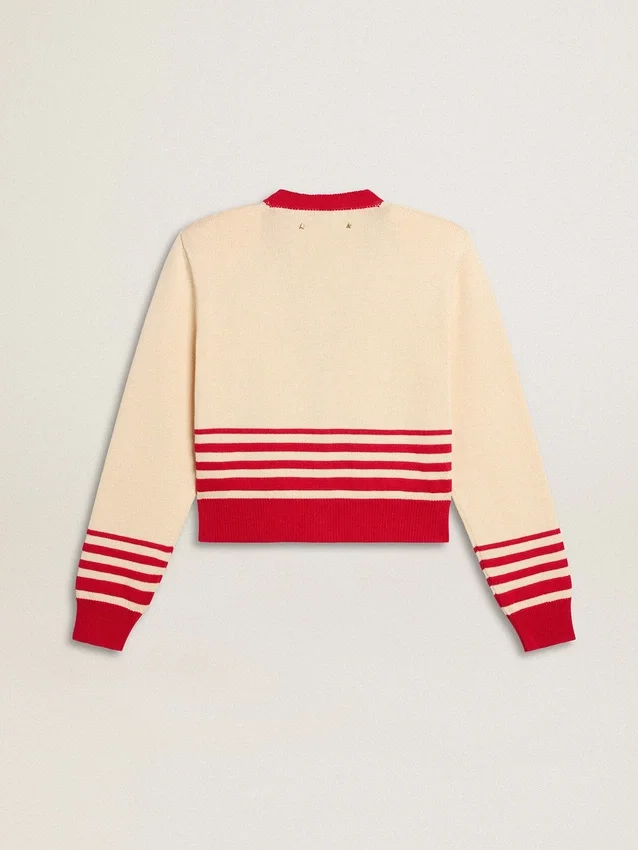 Cardigan de mujer en color crema con rayas rojas