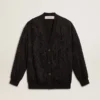 Cardigan negro para mujer con bordado de cuentas tono sobre tono en estilo toile de jouy