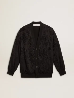 Cardigan negro para mujer con bordado de cuentas tono sobre tono en estilo toile de jouy