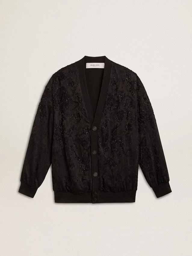Cardigan negro para mujer con bordado de cuentas tono sobre tono en estilo toile de jouy