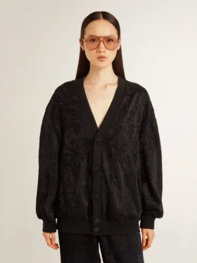 Cardigan negro para mujer con bordado de cuentas tono sobre tono en estilo toile de jouy