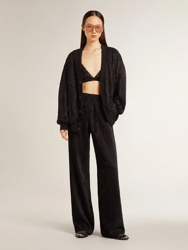 Cardigan negro para mujer con bordado de cuentas tono sobre tono en estilo toile de jouy