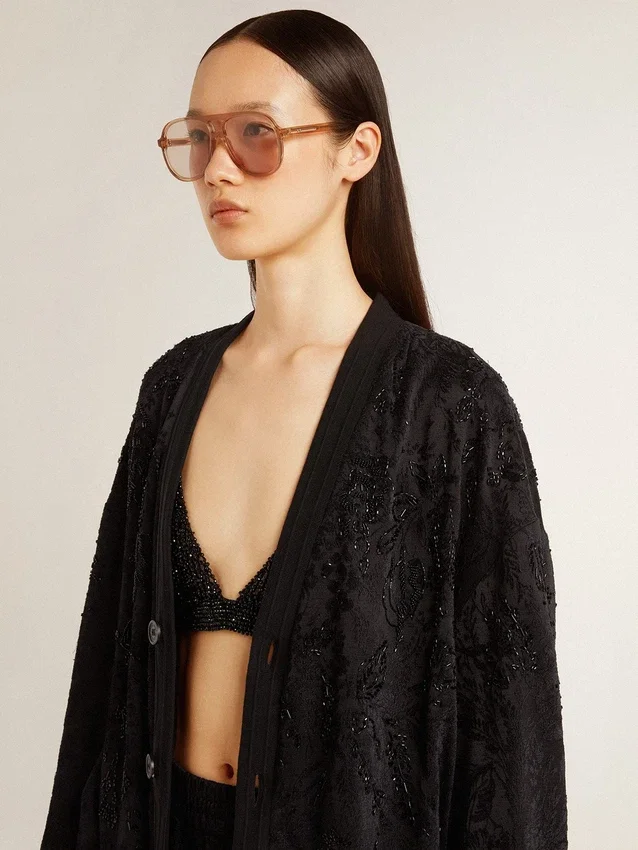 Cardigan negro para mujer con bordado de cuentas tono sobre tono en estilo toile de jouy