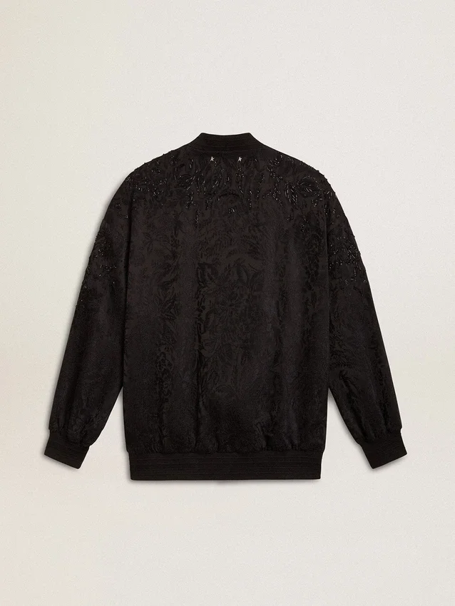 Cardigan negro para mujer con bordado de cuentas tono sobre tono en estilo toile de jouy