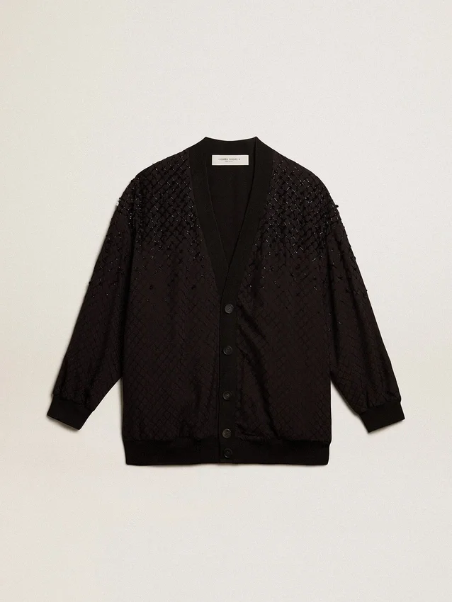Cardigan negro para mujer con bordado en tonos degradados