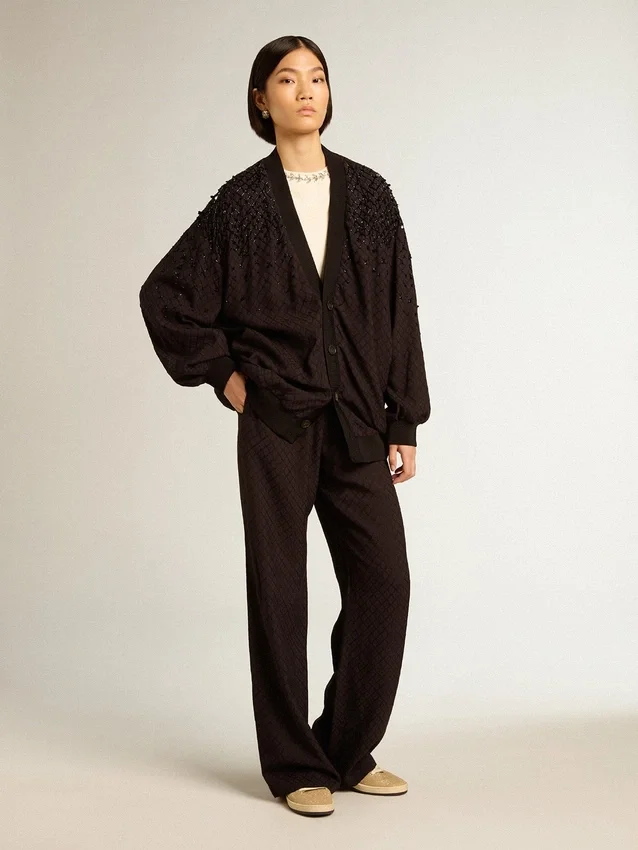 Cardigan negro para mujer con bordado en tonos degradados