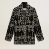 Cardigan negro para mujer con cinturón y cristales