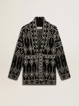 Cardigan negro para mujer con cinturón y cristales