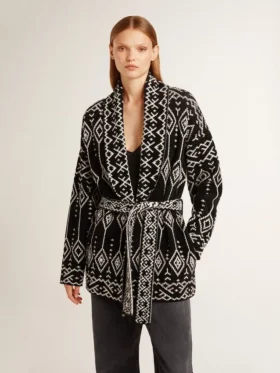 Cardigan negro para mujer con cinturón y cristales