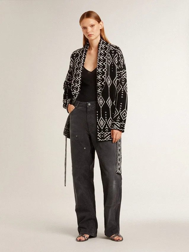 Cardigan negro para mujer con cinturón y cristales