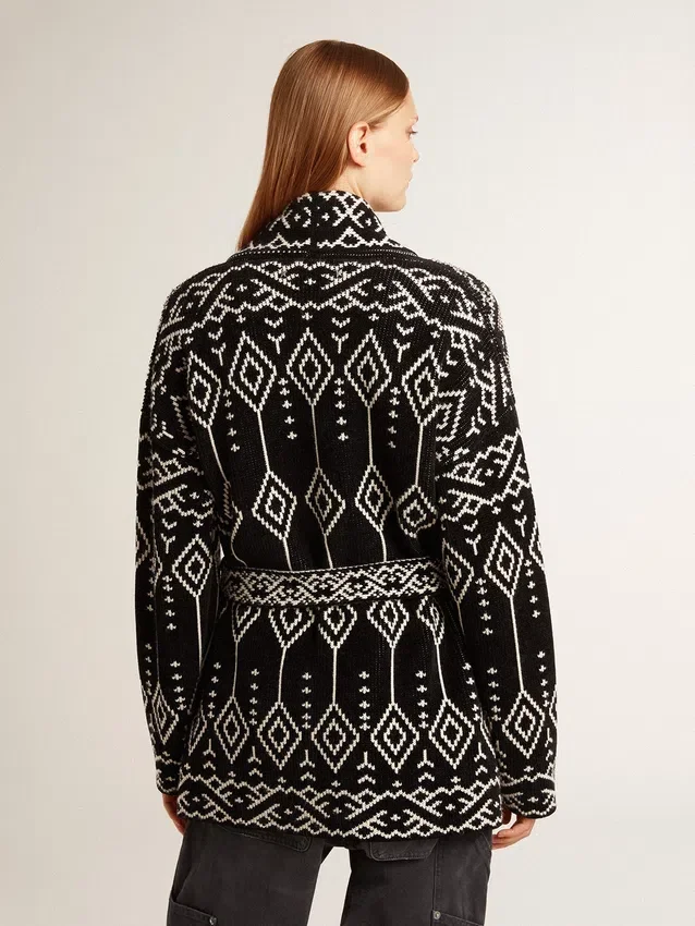 Cardigan negro para mujer con cinturón y cristales