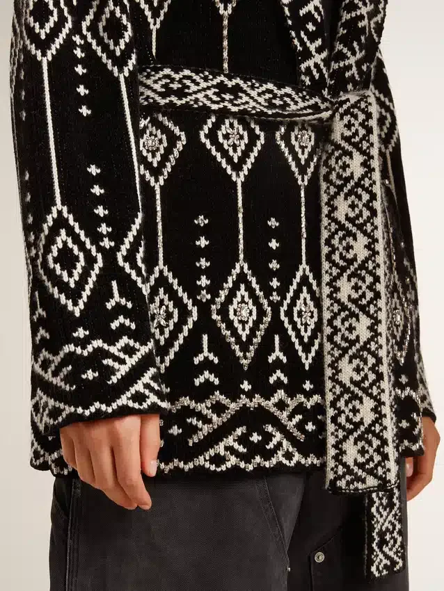 Cardigan negro para mujer con cinturón y cristales