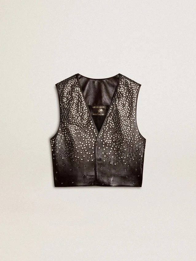 Chaleco de cuero negro para mujer con tachuelas con efecto degradado