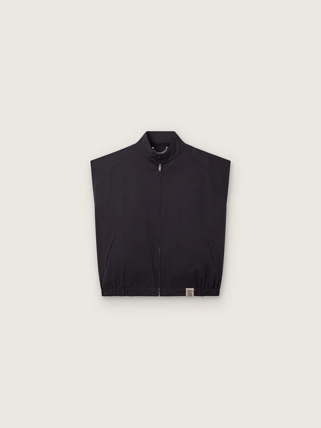 Chaleco para hombre en sarga de algodón azul oscuro con cremallera y etiqueta con estampado de bandera
