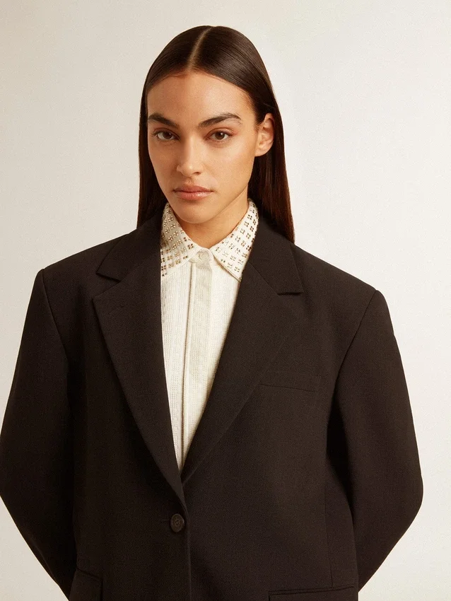 Chaqueta blazer de mezcla de lana azul oscuro para mujer