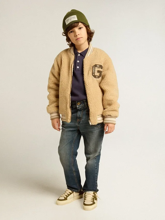 Chaqueta bomber de felpa beige para niños
