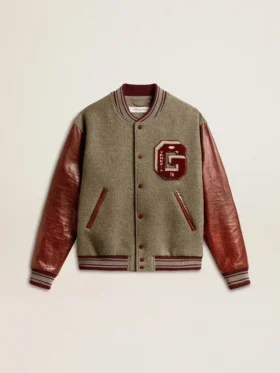 Chaqueta bomber de lana gris jaspeada con mangas de cuero