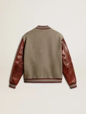 Chaqueta bomber de lana gris jaspeada con mangas de cuero