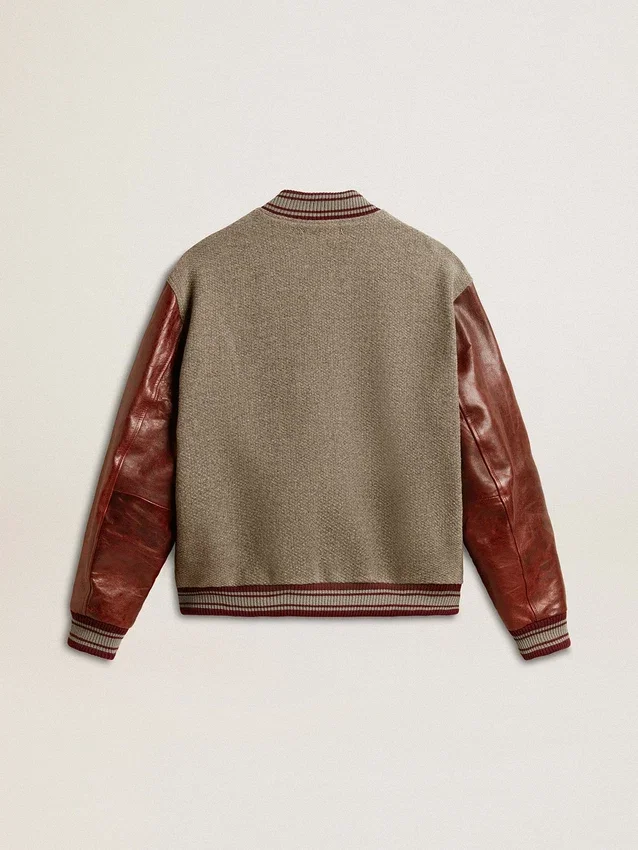 Chaqueta bomber de lana gris jaspeada con mangas de cuero