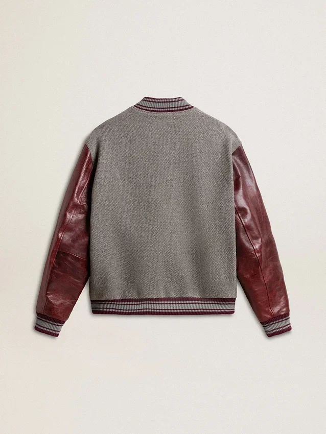 Chaqueta bomber de lana gris jaspeada con mangas de cuero