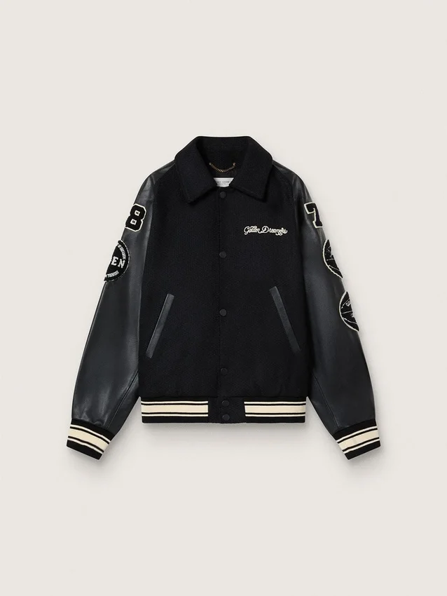 Chaqueta bomber de lana negra con parche