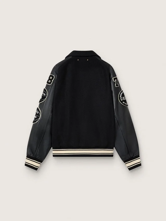 Chaqueta bomber de lana negra con parche