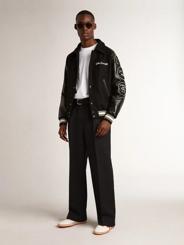 Chaqueta bomber de lana negra con parche