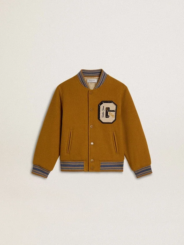 Chaqueta bomber de lana para niños en amarillo ocre con parche