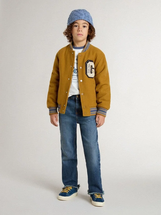 Chaqueta bomber de lana para niños en amarillo ocre con parche