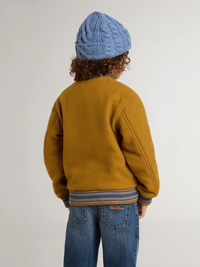 Chaqueta bomber de lana para niños en amarillo ocre con parche