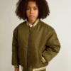 Chaqueta bomber de nylon verde militar para niños con letras en la espalda