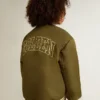 Chaqueta bomber de nylon verde militar para niños con letras en la espalda
