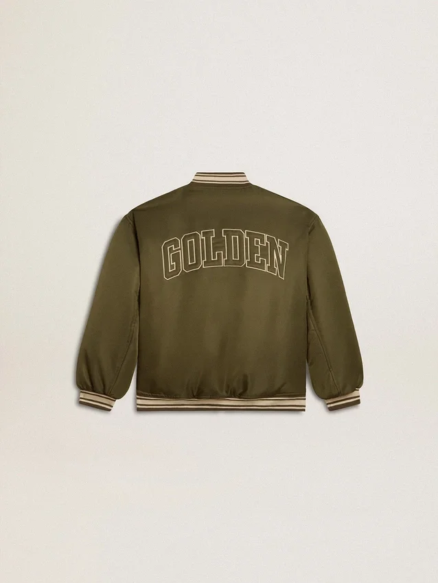 Chaqueta bomber de nylon verde militar para niños con letras en la espalda