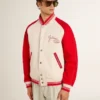 Chaqueta bomber en blanco desgastado y rojo con bordados