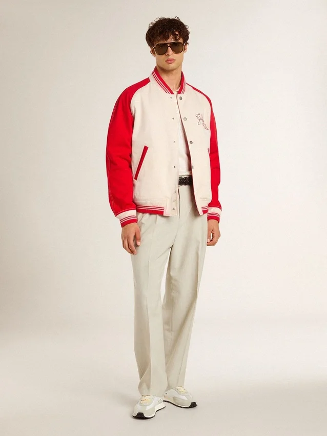 Chaqueta bomber en blanco desgastado y rojo con bordados