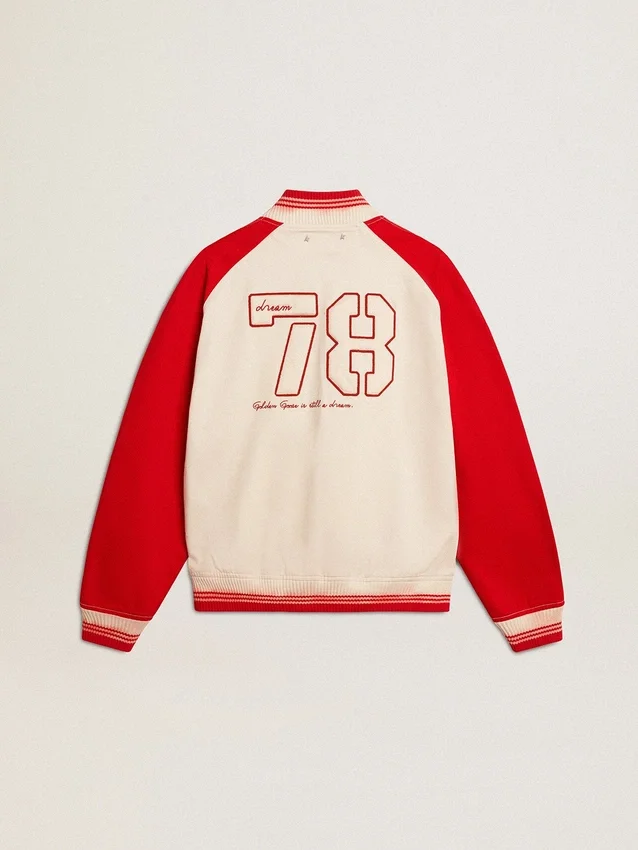 Chaqueta bomber en blanco desgastado y rojo con bordados