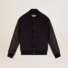Chaqueta bomber para hombre de lana azul oscuro con mangas de cuero