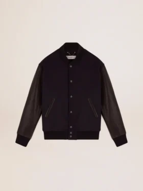 Chaqueta bomber para hombre de lana azul oscuro con mangas de cuero