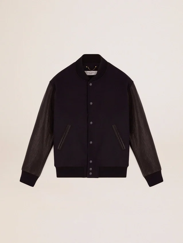 Chaqueta bomber para hombre de lana azul oscuro con mangas de cuero