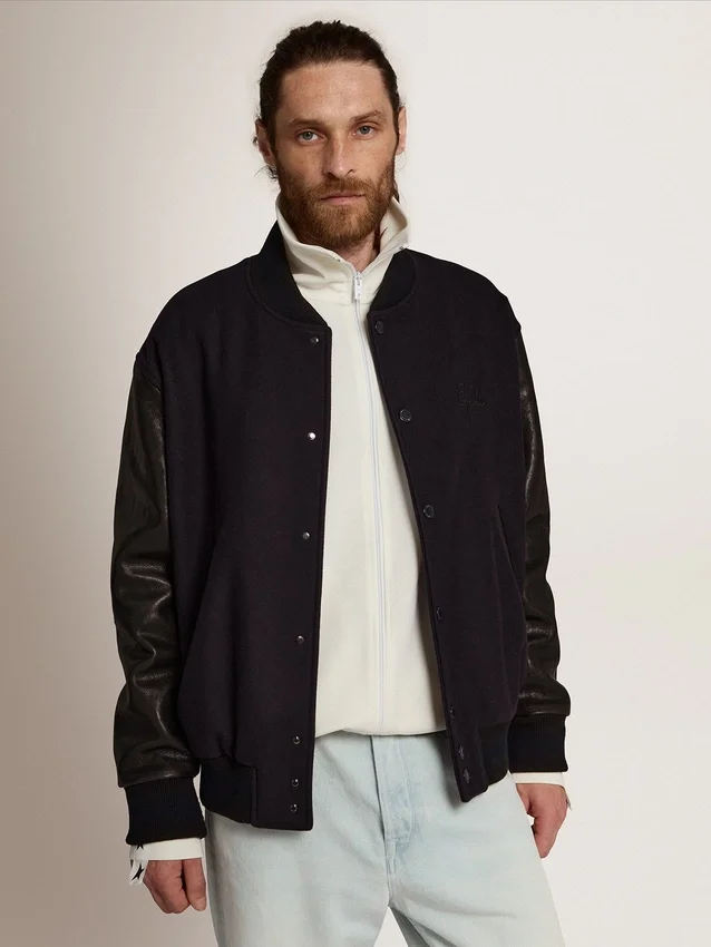 Chaqueta bomber para hombre de lana azul oscuro con mangas de cuero