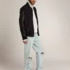 Chaqueta bomber para hombre de lana azul oscuro con mangas de cuero