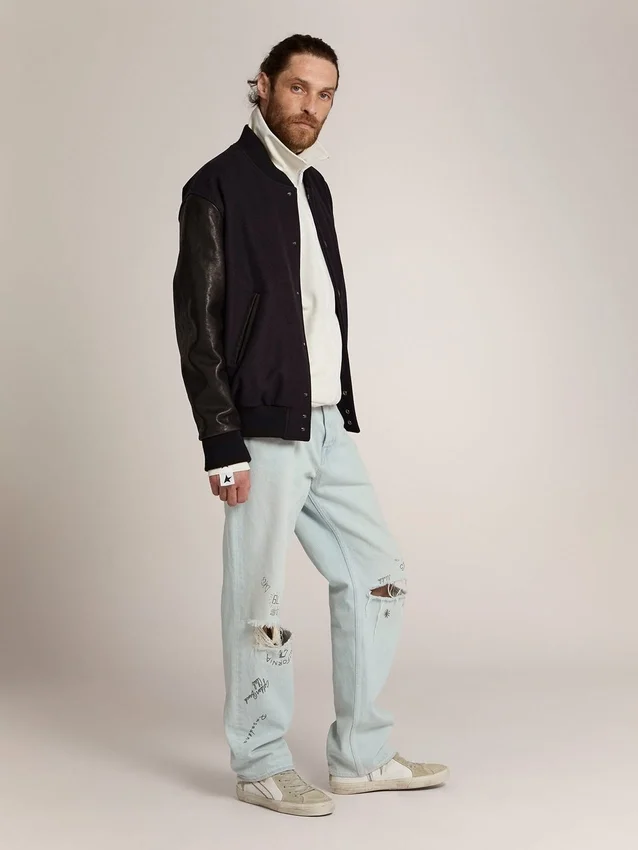Chaqueta bomber para hombre de lana azul oscuro con mangas de cuero