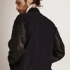 Chaqueta bomber para hombre de lana azul oscuro con mangas de cuero