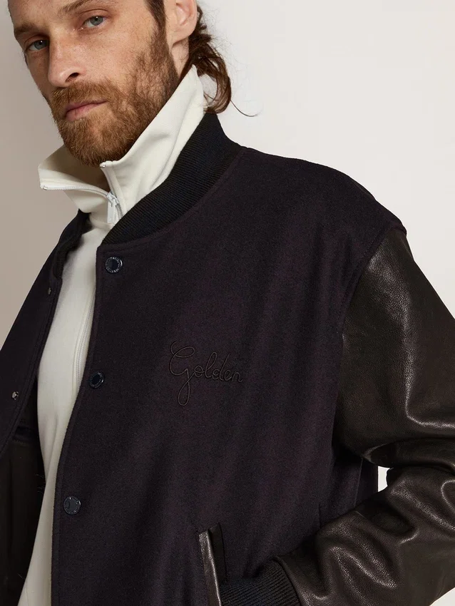 Chaqueta bomber para hombre de lana azul oscuro con mangas de cuero