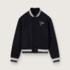 Chaqueta bomber para mujer de lana azul oscuro con detalles en blanco