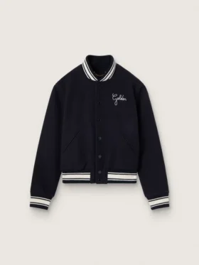 Chaqueta bomber para mujer de lana azul oscuro con detalles en blanco