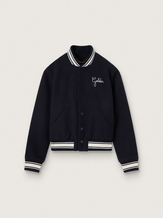 Chaqueta bomber para mujer de lana azul oscuro con detalles en blanco