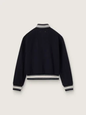Chaqueta bomber para mujer de lana azul oscuro con detalles en blanco