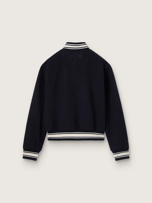 Chaqueta bomber para mujer de lana azul oscuro con detalles en blanco